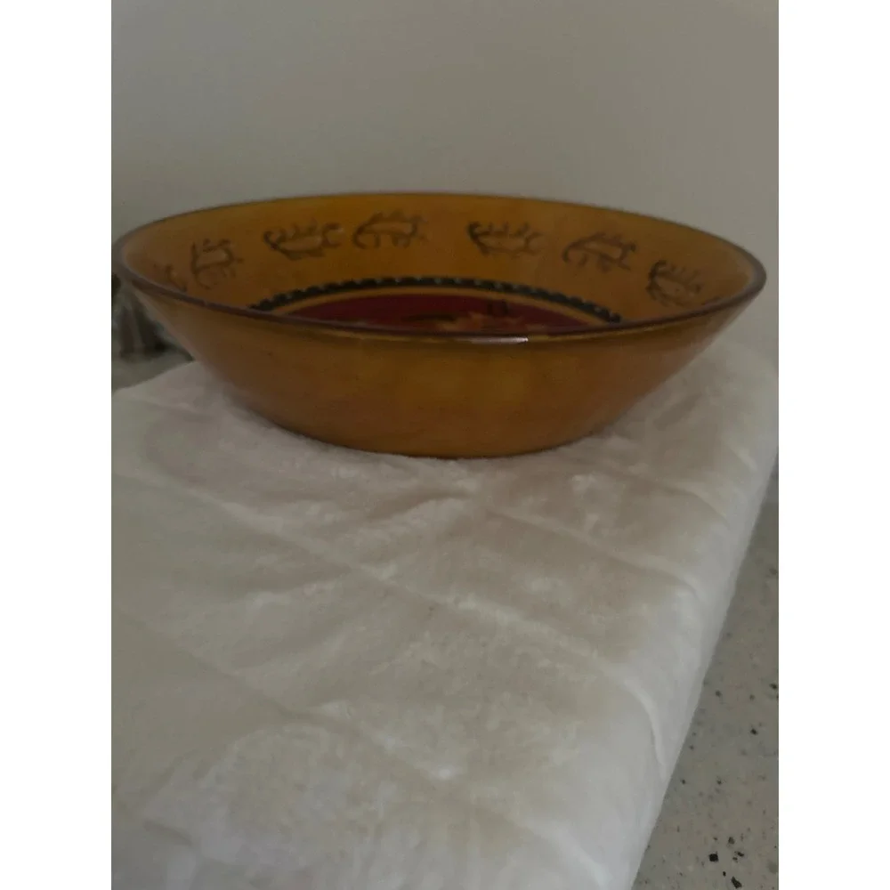 Pier 1 Imports Sunflower Hand Painted Terracotta Serving Bowl Yellow Red 12 Inch